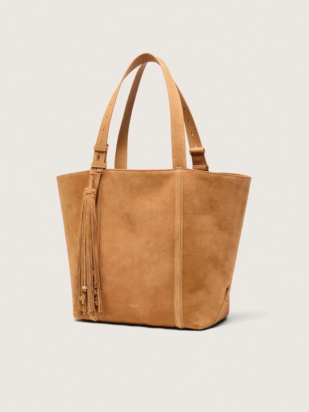 24/7 East West Bag in camel-colored suede with fringes