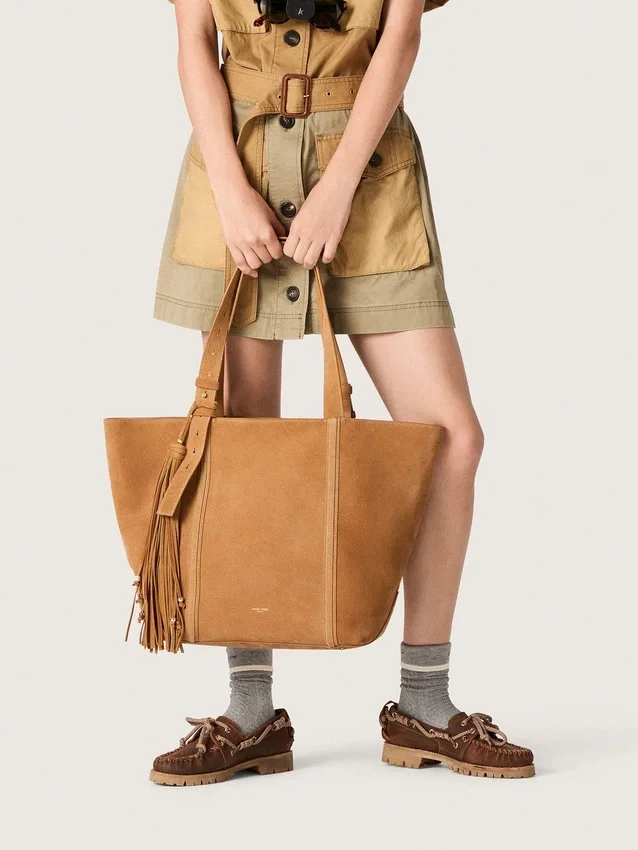24/7 East West Bag in camel-colored suede with fringes