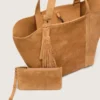 24/7 East West Bag in camel-colored suede with fringes