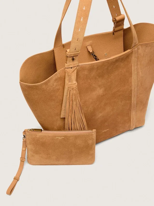 24/7 East West Bag in camel-colored suede with fringes