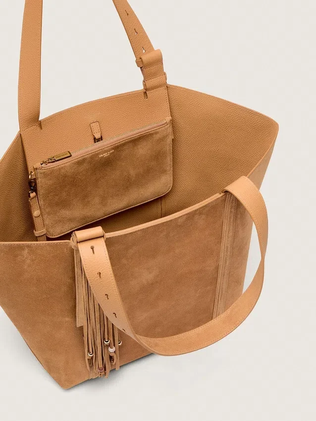 24/7 East West Bag in camel-colored suede with fringes