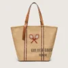 24.7 tote in natural raffia and brown leather with gold metal details