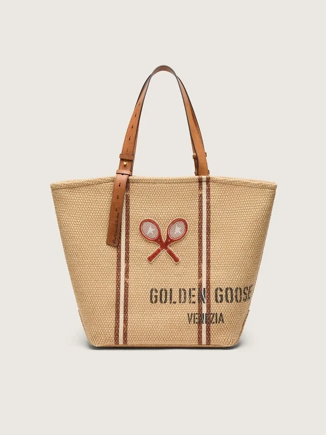 24.7 tote in natural raffia and brown leather with gold metal details