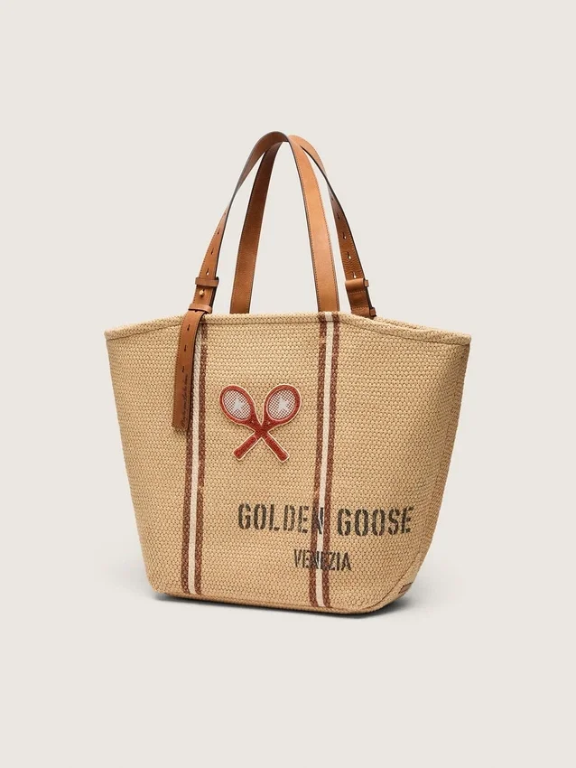 24.7 tote in natural raffia and brown leather with gold metal details