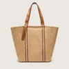 24.7 tote in natural raffia and brown leather with gold metal details