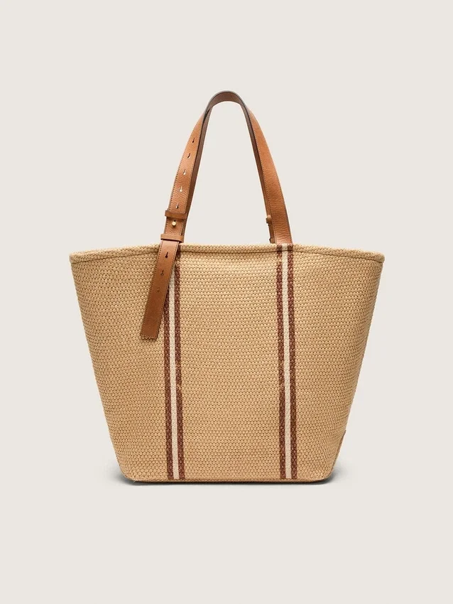 24.7 tote in natural raffia and brown leather with gold metal details