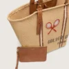 24.7 tote in natural raffia and brown leather with gold metal details