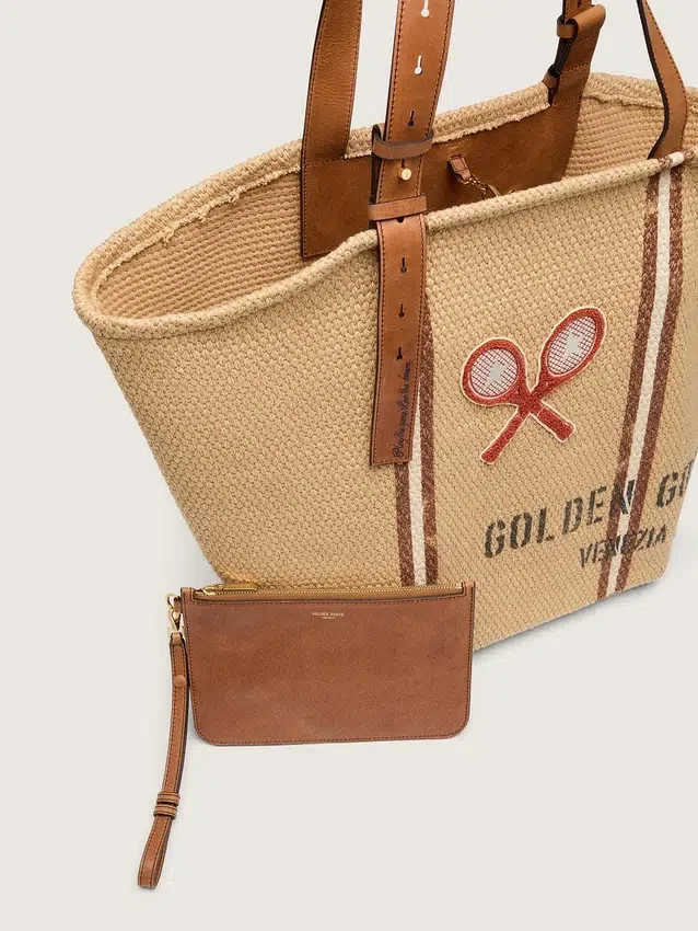 24.7 tote in natural raffia and brown leather with gold metal details