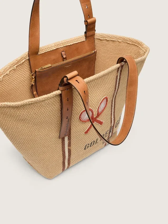 24.7 tote in natural raffia and brown leather with gold metal details