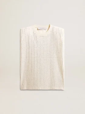 Aged white sleeveless T-shirt embellished with crystals