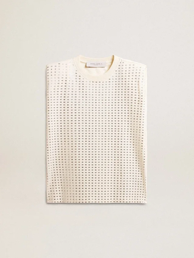 Aged white sleeveless T-shirt embellished with crystals