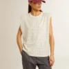 Aged white sleeveless T-shirt embellished with crystals