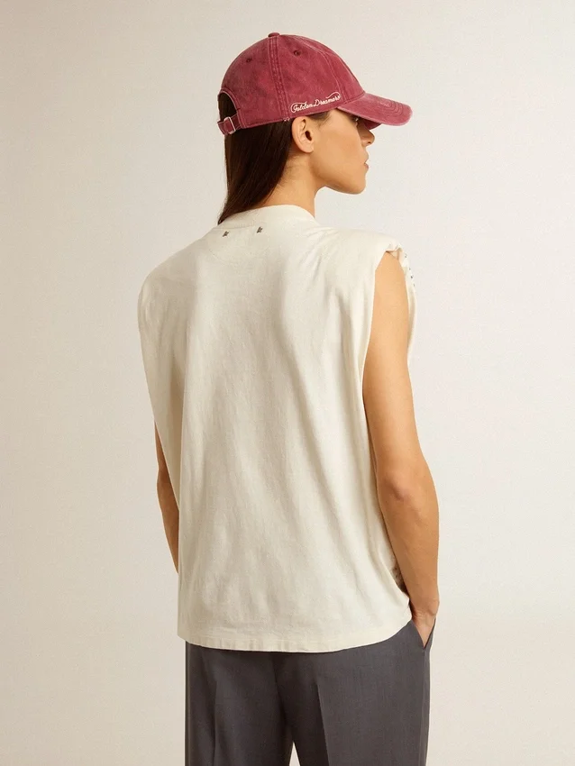 Aged white sleeveless T-shirt embellished with crystals