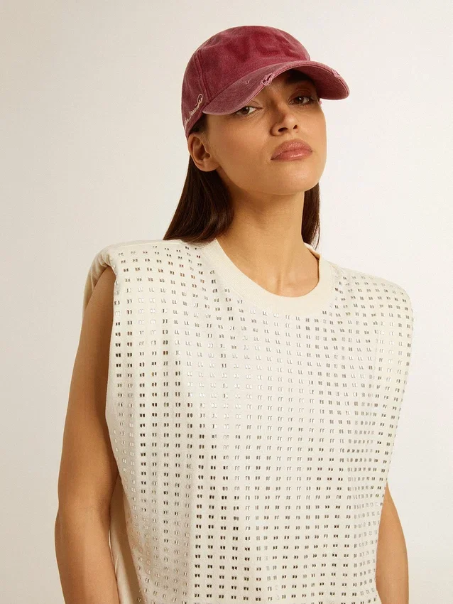 Aged white sleeveless T-shirt embellished with crystals