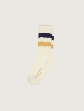 Aged-white socks with distressed details and two-tone stripes