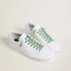Aqua-green Lurex laces with contrasting black logo