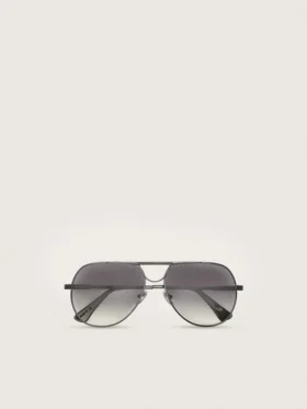 Aviator-style sunglasses with metal-colored frame and gray lenses