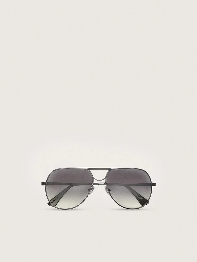 Aviator-style sunglasses with metal-colored frame and gray lenses