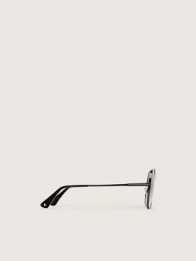 Aviator-style sunglasses with metal-colored frame and gray lenses
