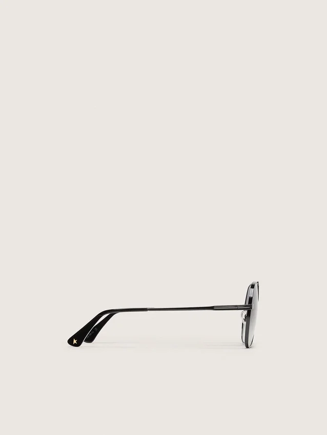 Aviator-style sunglasses with metal-colored frame and gray lenses