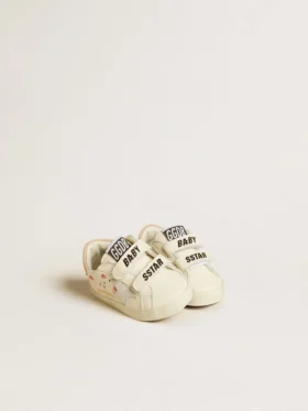 Baby School in nappa leather with pink rose motif and white suede star