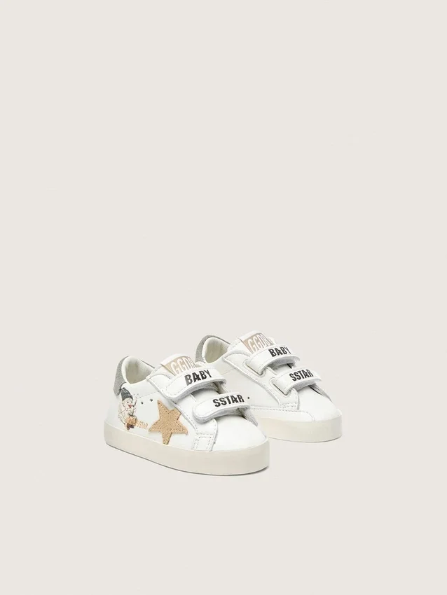 Baby School in nappa with beige suede star and mascot print