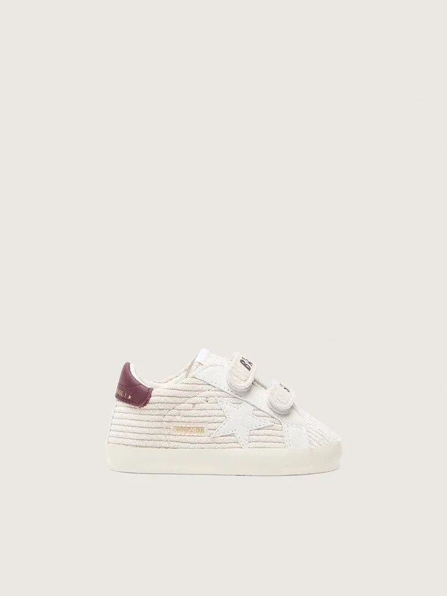 Baby School in velvet with white suede star and burgundy leather heel tab