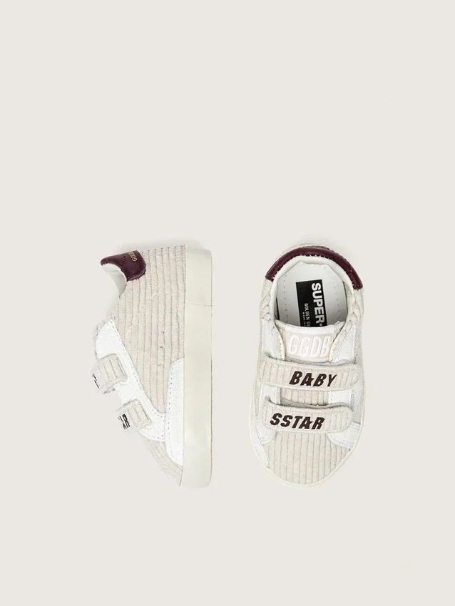 Baby School in velvet with white suede star and burgundy leather heel tab