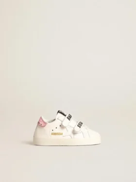 Baby School set in white nappa leather with pink leather heel tab