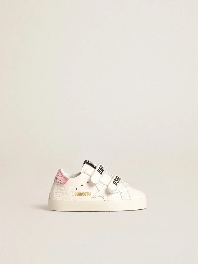 Baby School set in white nappa leather with pink leather heel tab