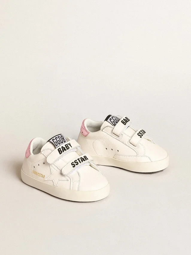 Baby School set in white nappa leather with pink leather heel tab