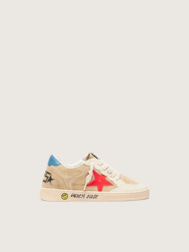 Ball Star Junior in beige suede with red star and light blue heel tab