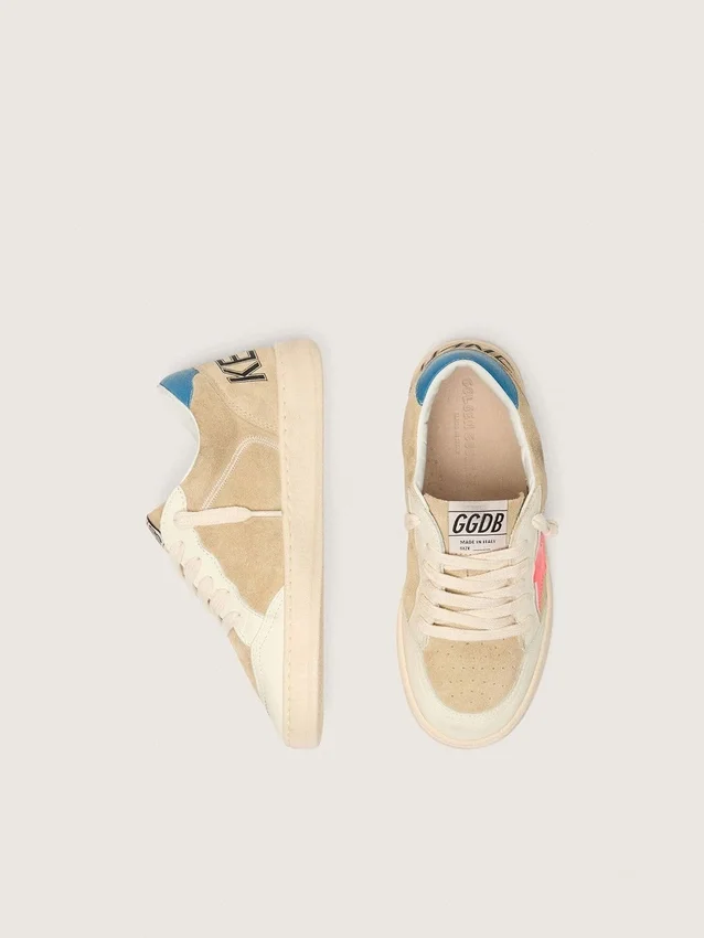 Ball Star Junior in beige suede with red star and light blue heel tab