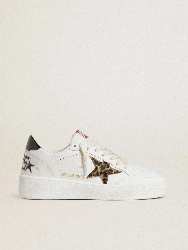 Ball Star with leopard pony skin star and black laminated leather heel tab