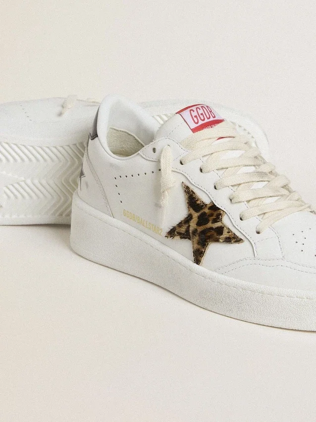 Ball Star with leopard pony skin star and black laminated leather heel tab
