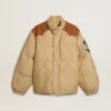 Beige bomber jacket with leather and patch details