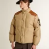 Beige bomber jacket with leather and patch details