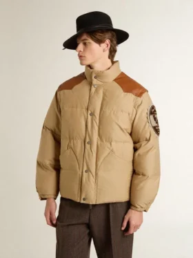 Beige bomber jacket with leather and patch details