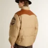Beige bomber jacket with leather and patch details