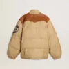 Beige bomber jacket with leather and patch details