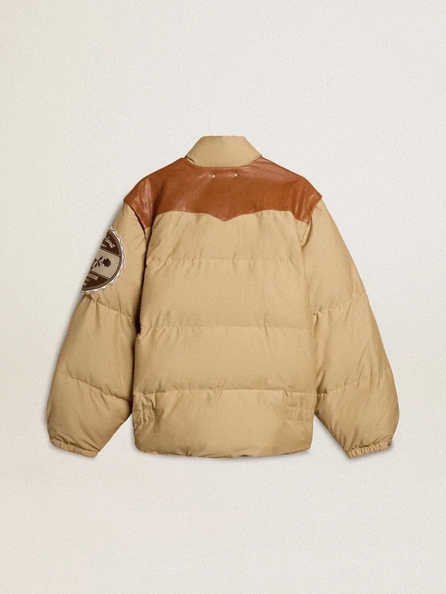 Beige bomber jacket with leather and patch details