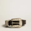 Black belt in washed leather with silver color buckle