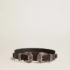 Black belt in washed leather with silver-colored double buckle
