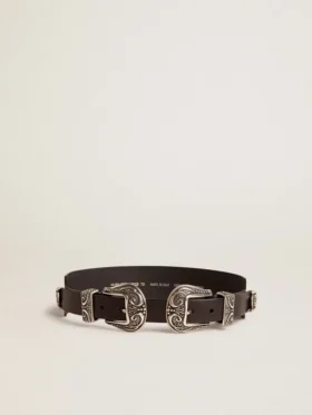 Black belt in washed leather with silver-colored double buckle