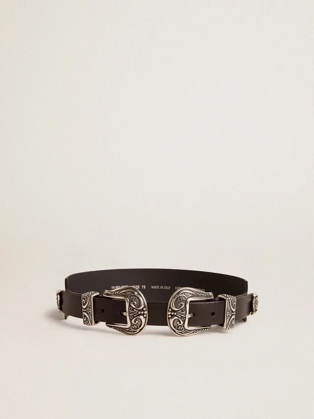 Black belt in washed leather with silver-colored double buckle