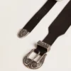 Black belt in washed leather with silver-colored double buckle