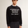 Black crew neck sweatshirt with embroidered lettering