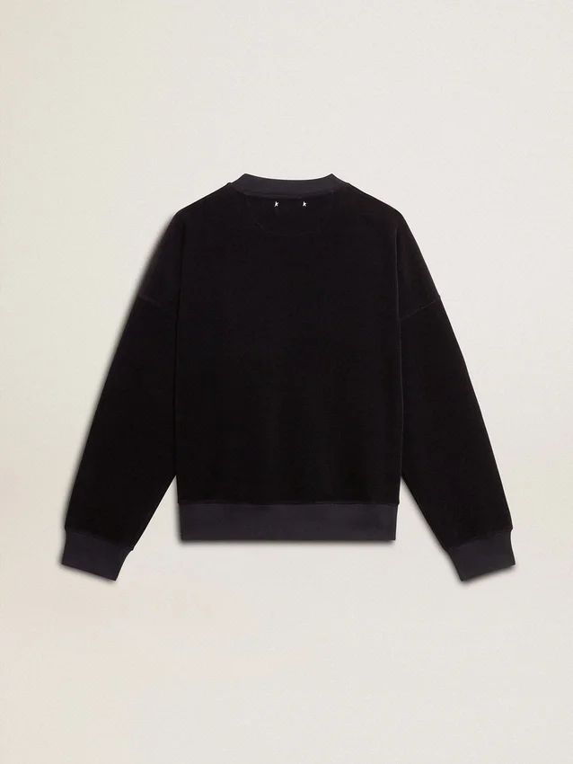 Black crew neck sweatshirt with embroidered lettering