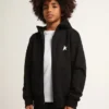 Black hooded sweatshirt with contrasting white star and logo