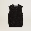 Black mesh knit top with sequins and contrasting details
